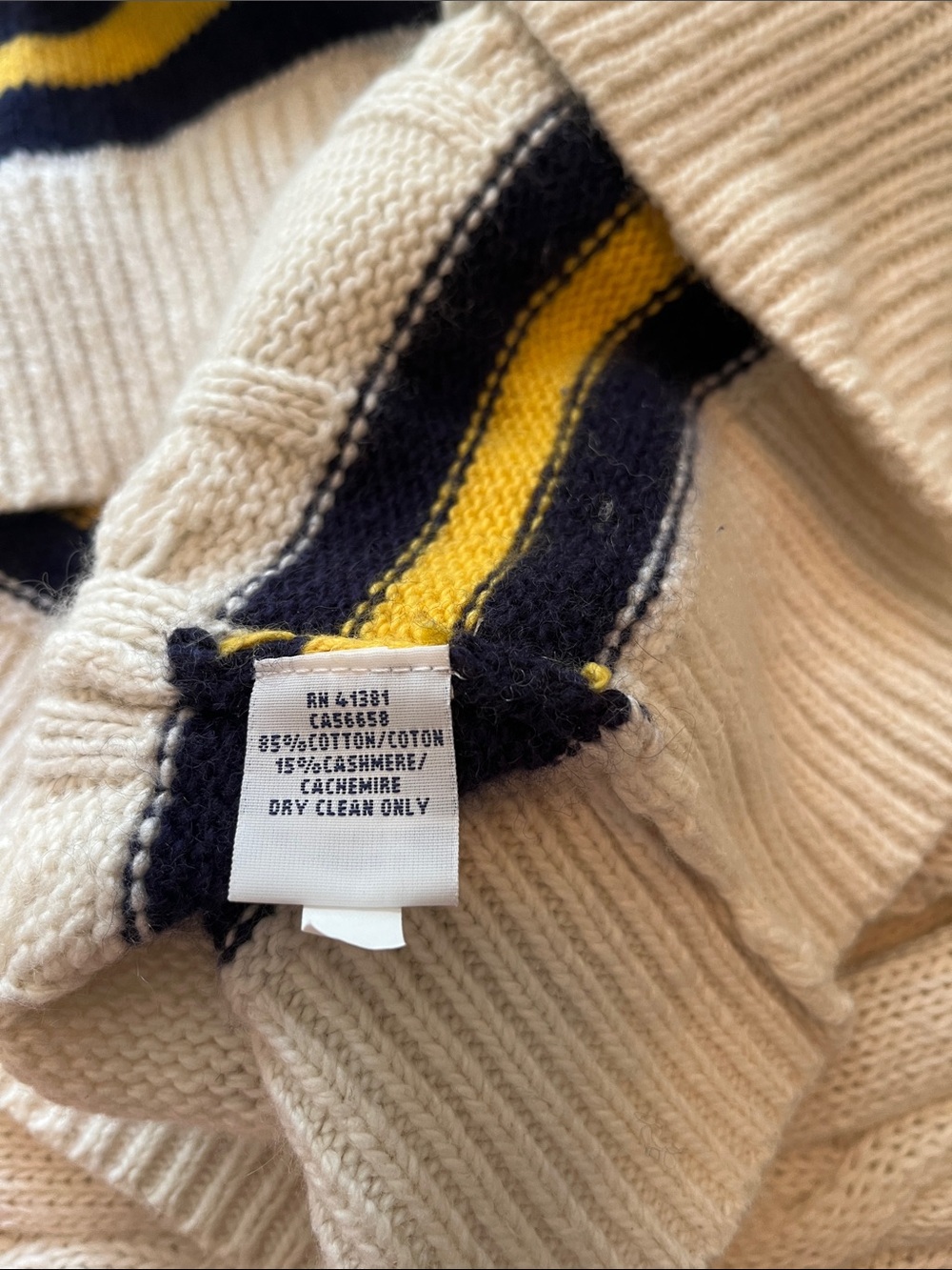 Polo by Ralph Lauren Cream Cricket Cable-Knit V-Neck Sweater with Navy & Yellow - Picture 15 of 17